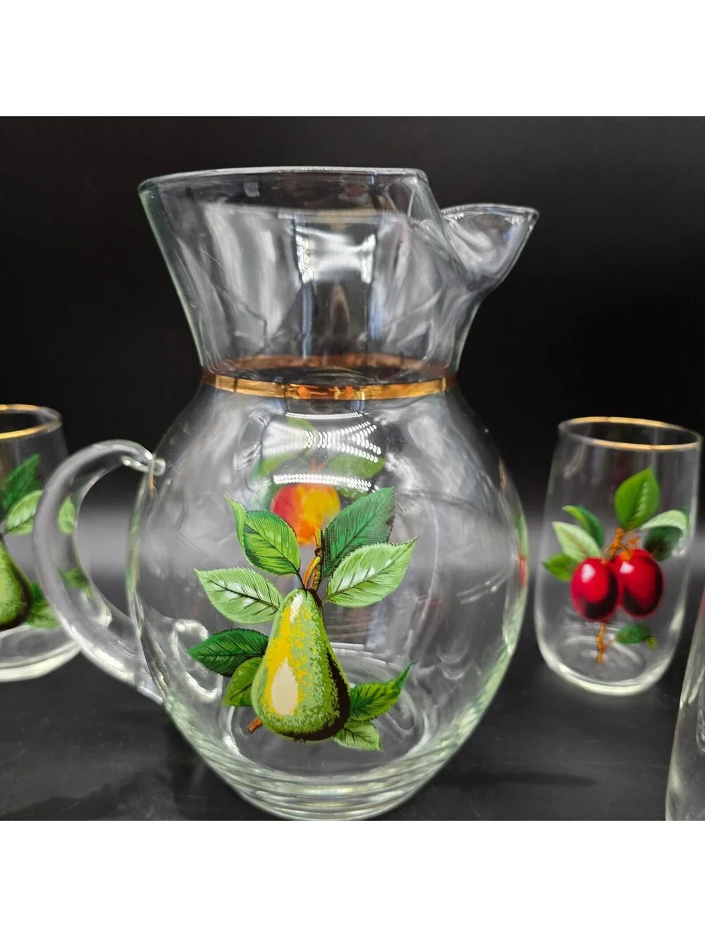 Vtg West Virginia Glass Orchard Fruit Pitcher 4 Tumblers Salt Pepper Shakers